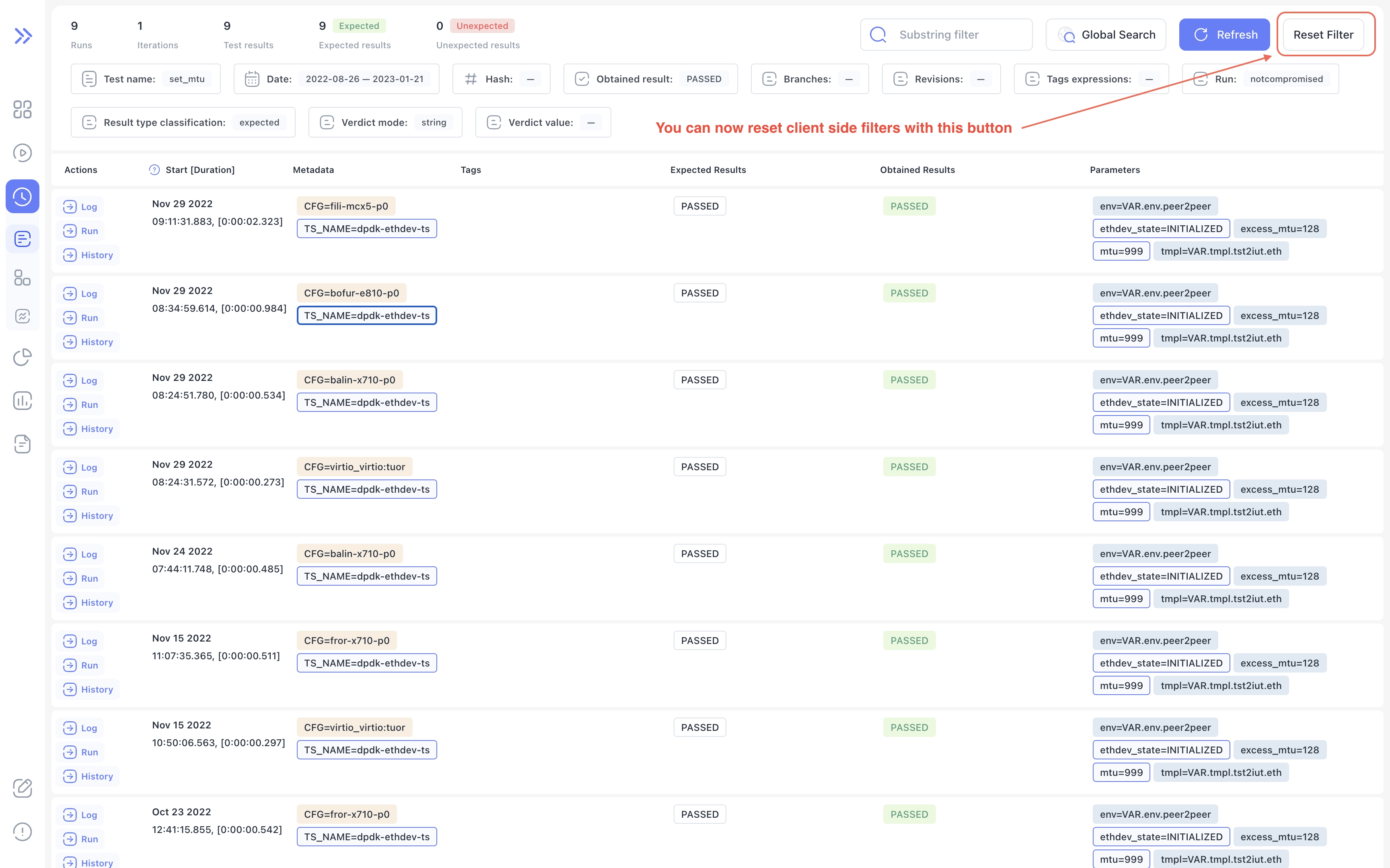 History reset filters